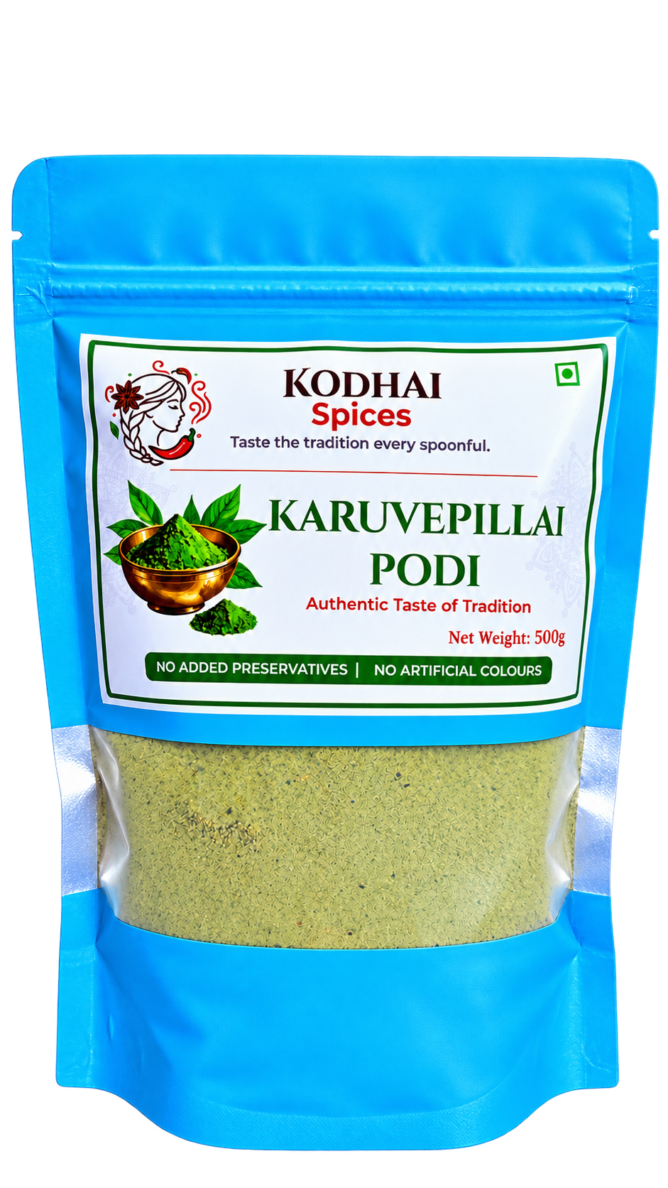 Kodhai Spices Karuvepillai Podi pouch